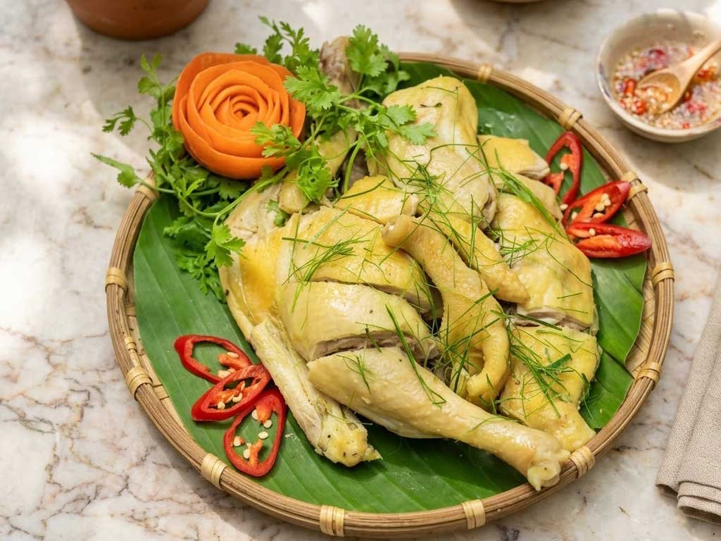 Gà hấp lá chúc chấm muối tiêu thơm ngon