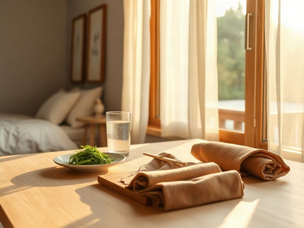 Bàn ăn ấm cúng với đĩa rau xanh luộc