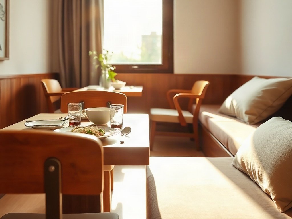 Bàn ăn bày sẵn cơm gà Hải Nam và dao nĩa