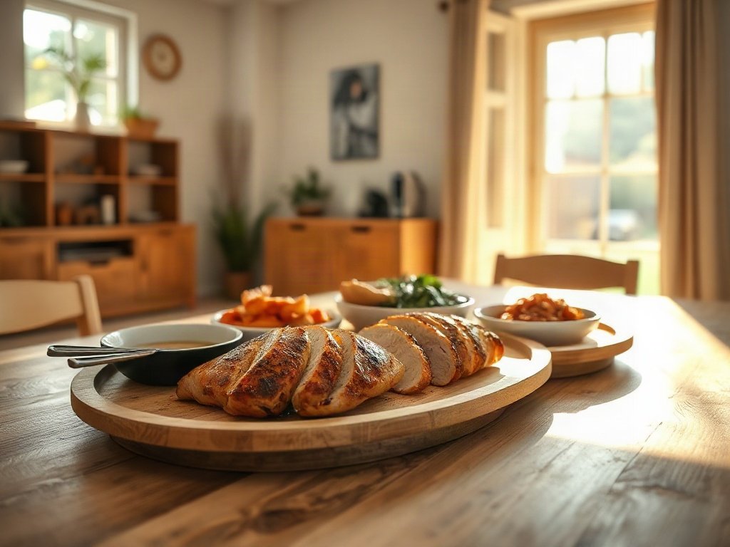 Bàn ăn có gà nướng mật ong lá chanh và món phụ