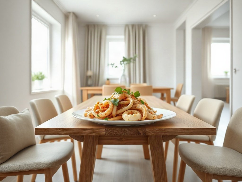 Bàn ăn đã bài trí với món mực xào chua ngọt