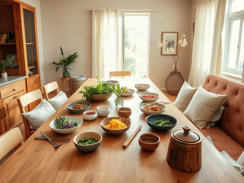 Bàn ăn lớn với các món Việt và nước chấm