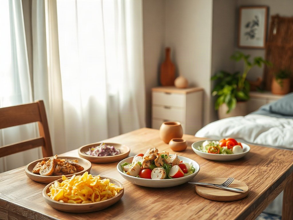 bàn ăn mộc mạc với các loại salad, nhấn vào salad ức gà