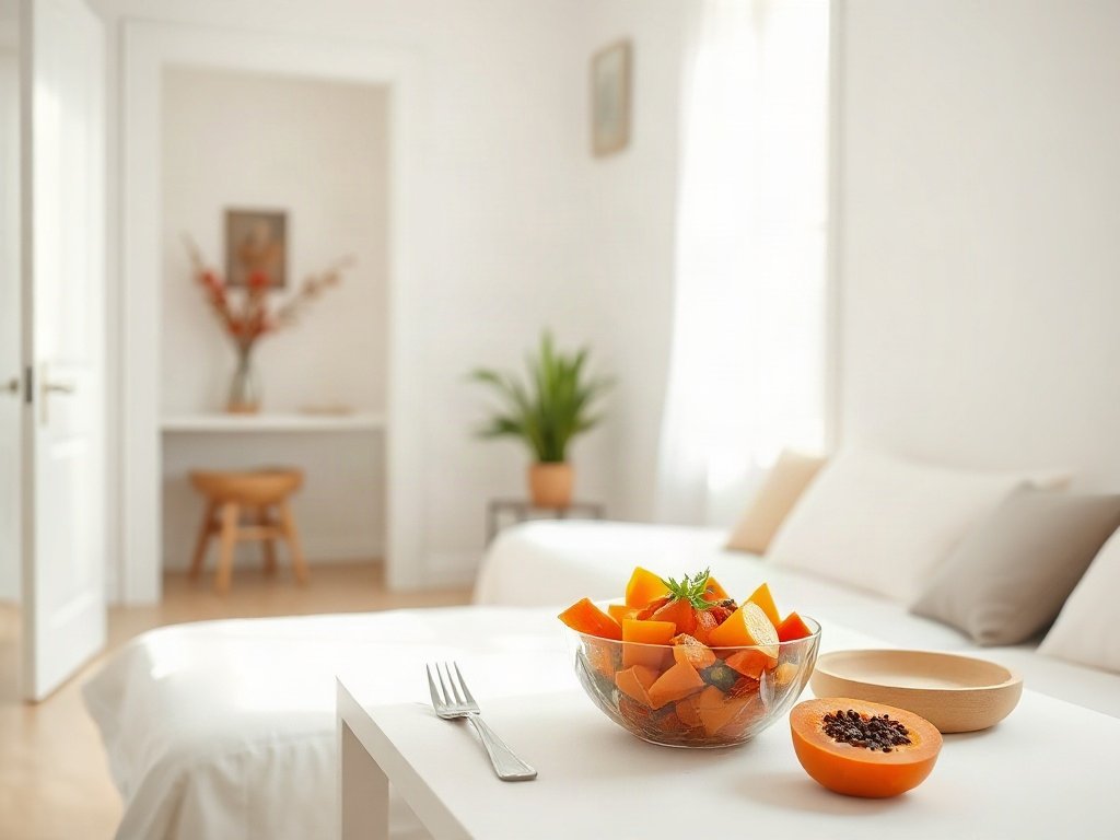 Bàn ăn trắng với gỏi đu đủ