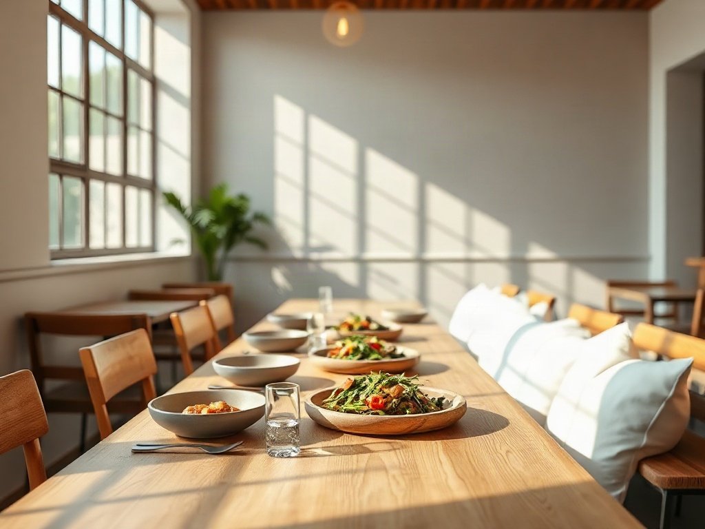 Bàn ăn trong nhà hàng chay hiện đại với ánh sáng tự nhiên