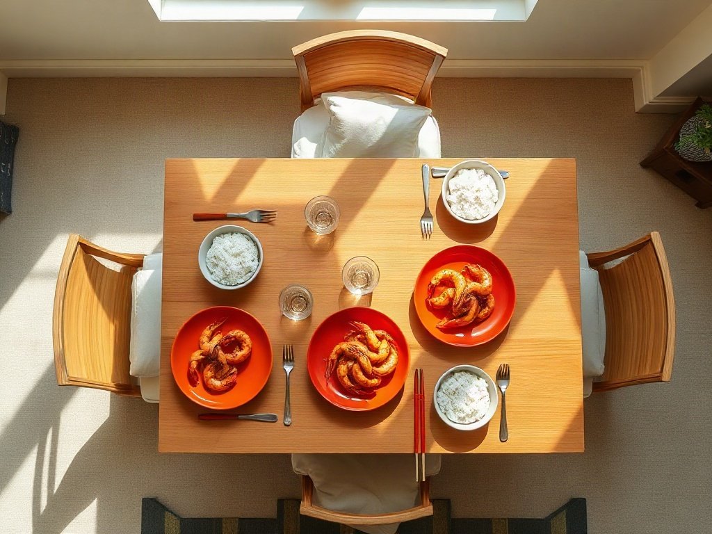 Bàn ăn với món tôm tít và cơm trắng