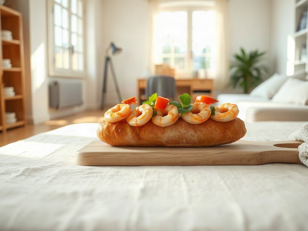 Bánh mì kẹp tôm và rau tươi