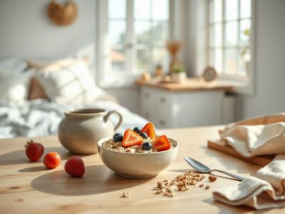 Bát cháo yến mạch với trái cây tươi trên bàn bếp