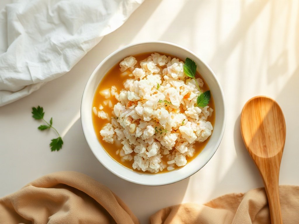 Bát cơm nấu từ nước dùng gà, trang trí với rau thơm