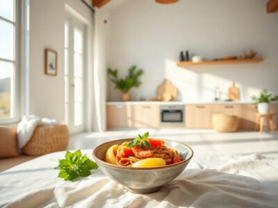 Bát hủ tiếu chay trong bối cảnh bếp sáng
