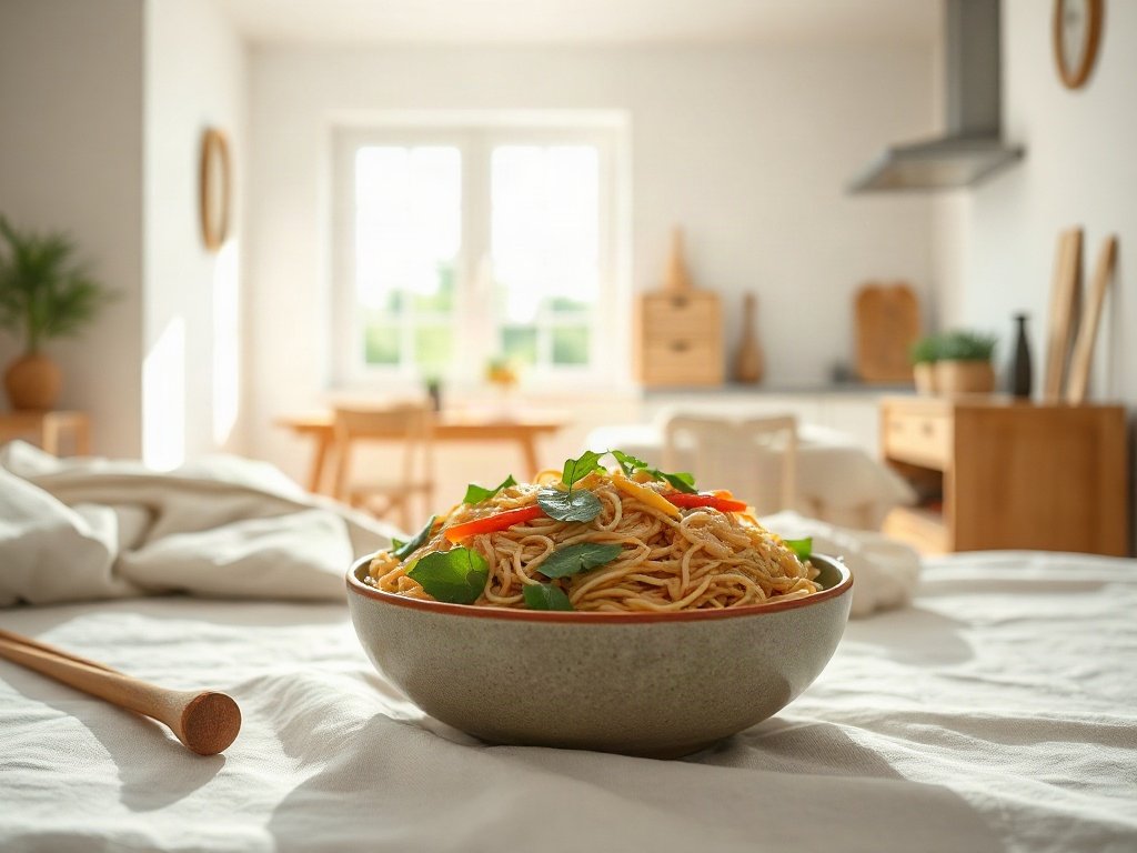 Bát miến lứt xào rau củ đầy màu sắc trong bếp sáng