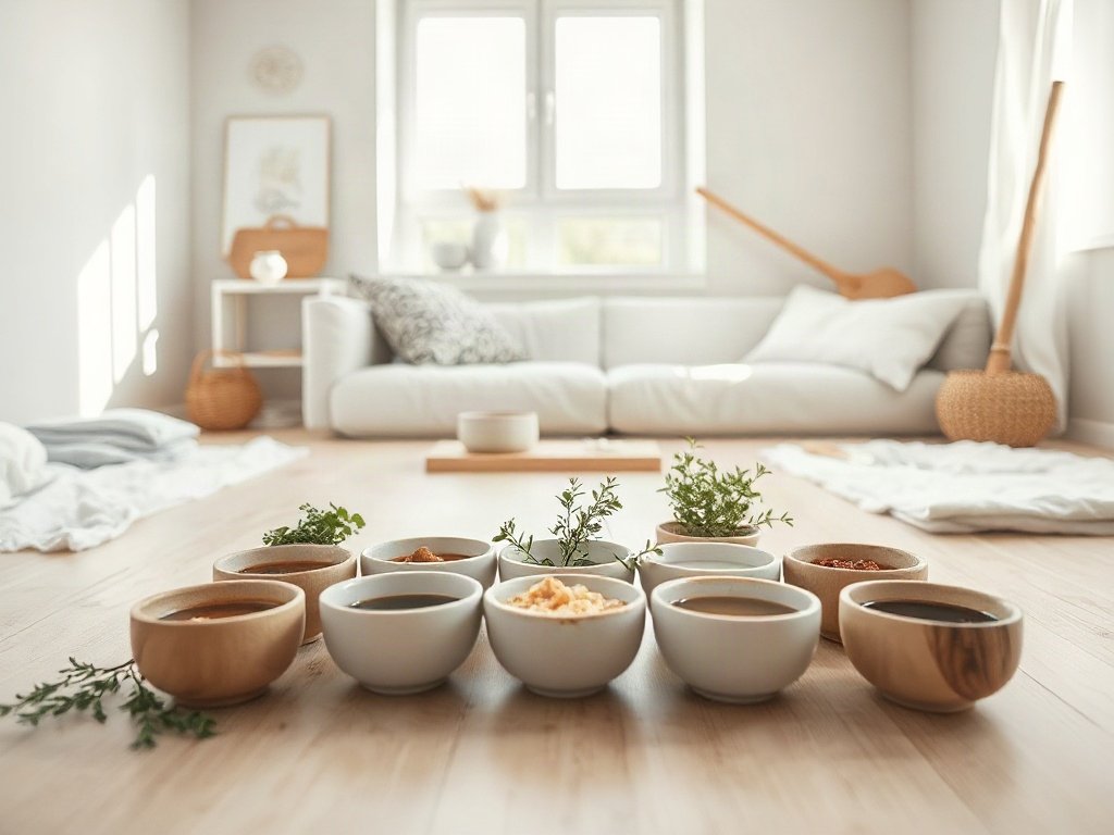 Bát nước chấm nhỏ cùng thảo mộc xung quanh