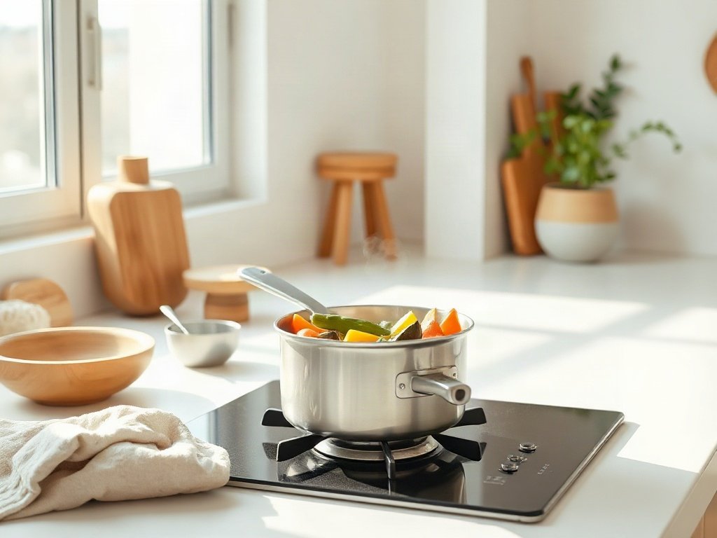 Bếp hiện đại với nồi rau củ đang luộc