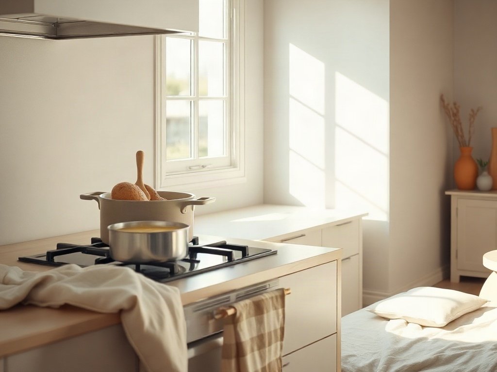 bếp nấu với nồi súp gà đang sôi