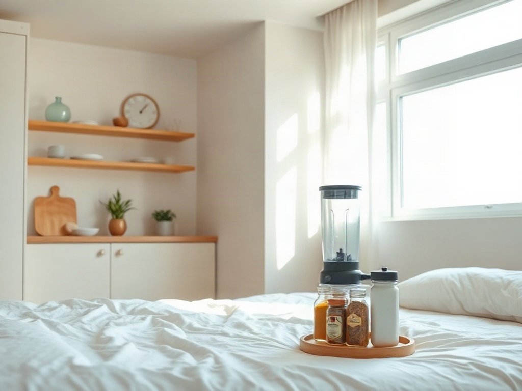 Bếp sáng với máy xay và gia vị tươi