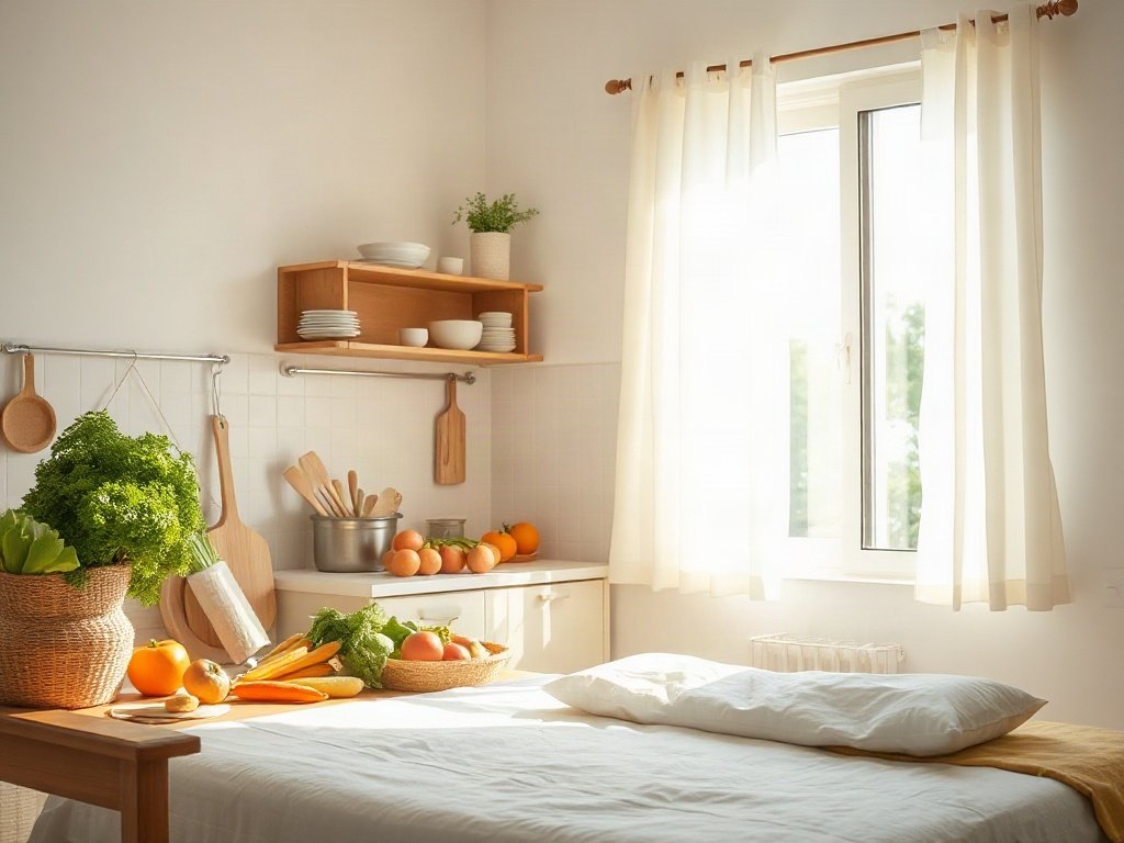 Bếp sáng với nhiều loại rau củ