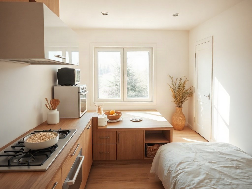 Bếp tối giản với nồi cháo yến mạch đang nấu