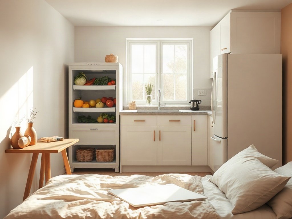 Bếp tối giản với rau tươi được bảo quản đúng cách
