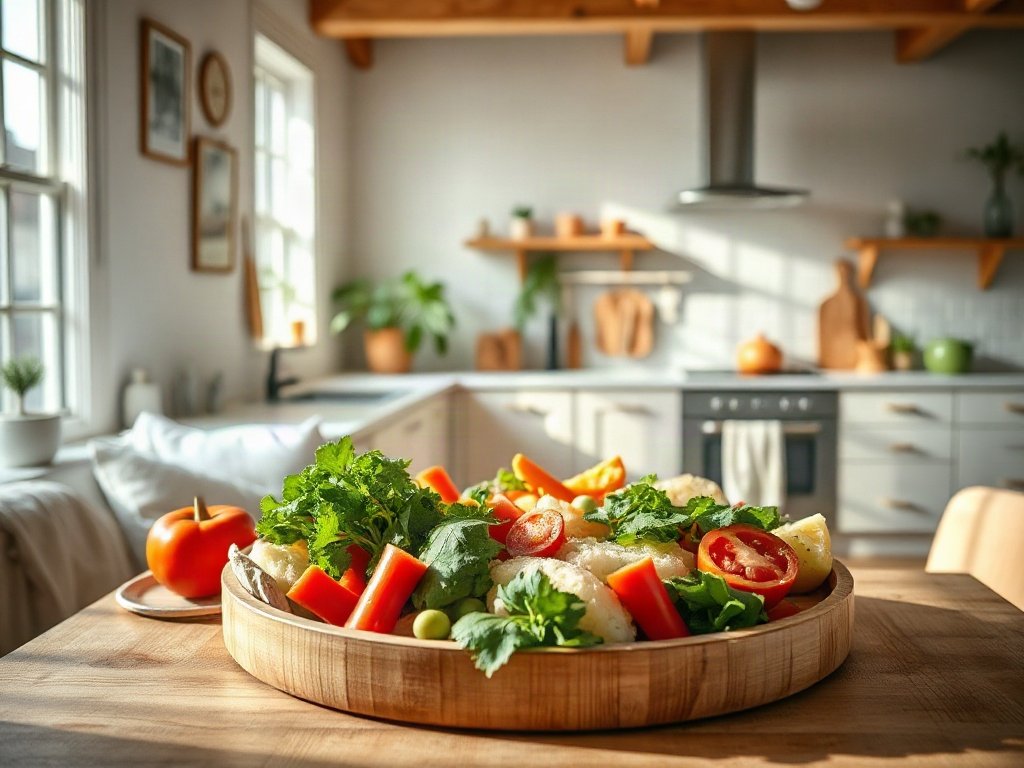bữa ăn chay với nhiều loại rau củ màu sắc