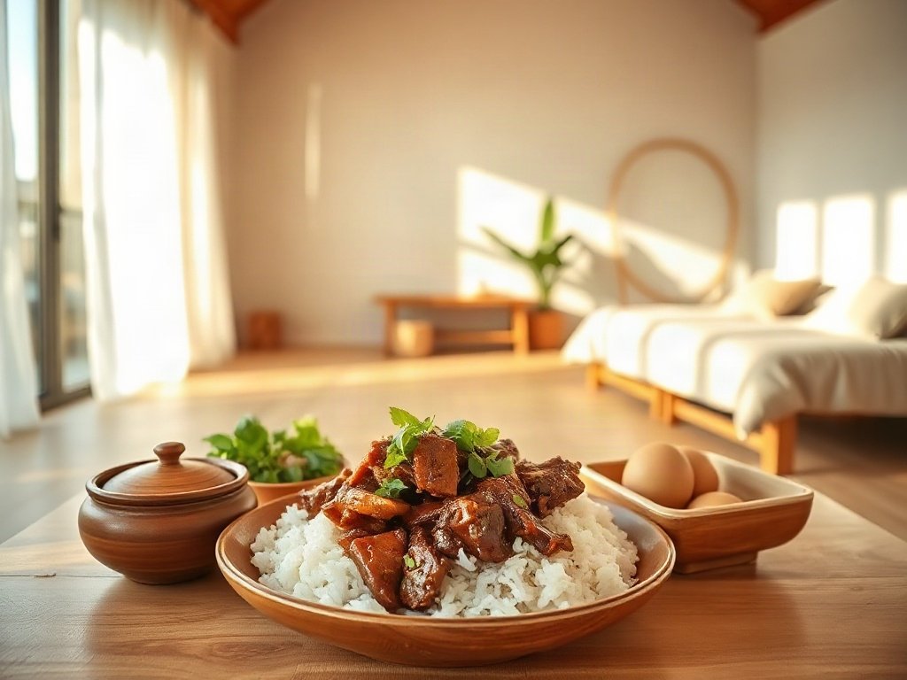 Bữa ăn gia đình phong cách Việt có thịt kho tàu và cơm