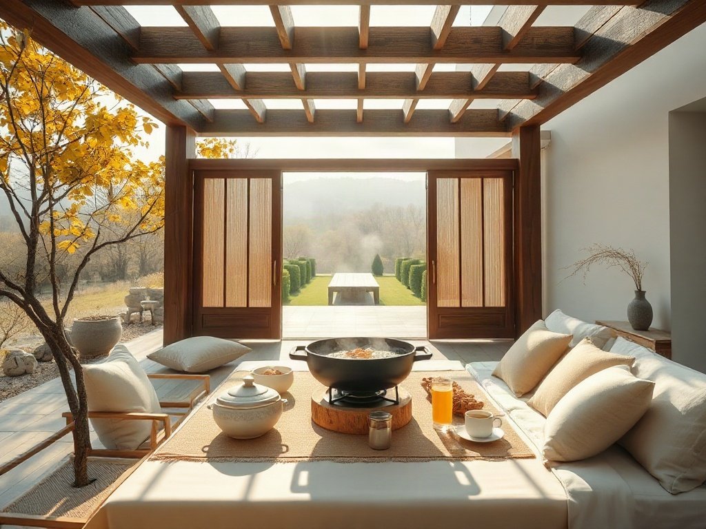 Bữa ăn lẩu ngoài trời dưới dàn hoa