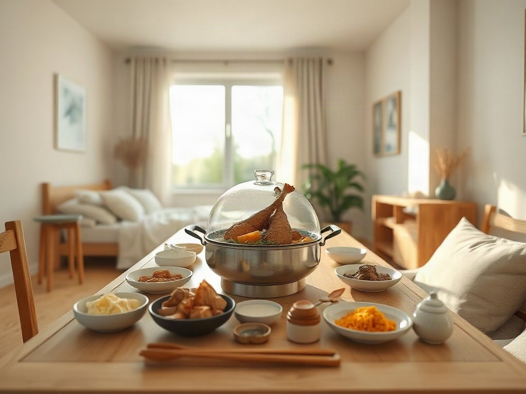Bữa ăn lẩu vịt đầy đủ trong phòng ăn ấm áp
