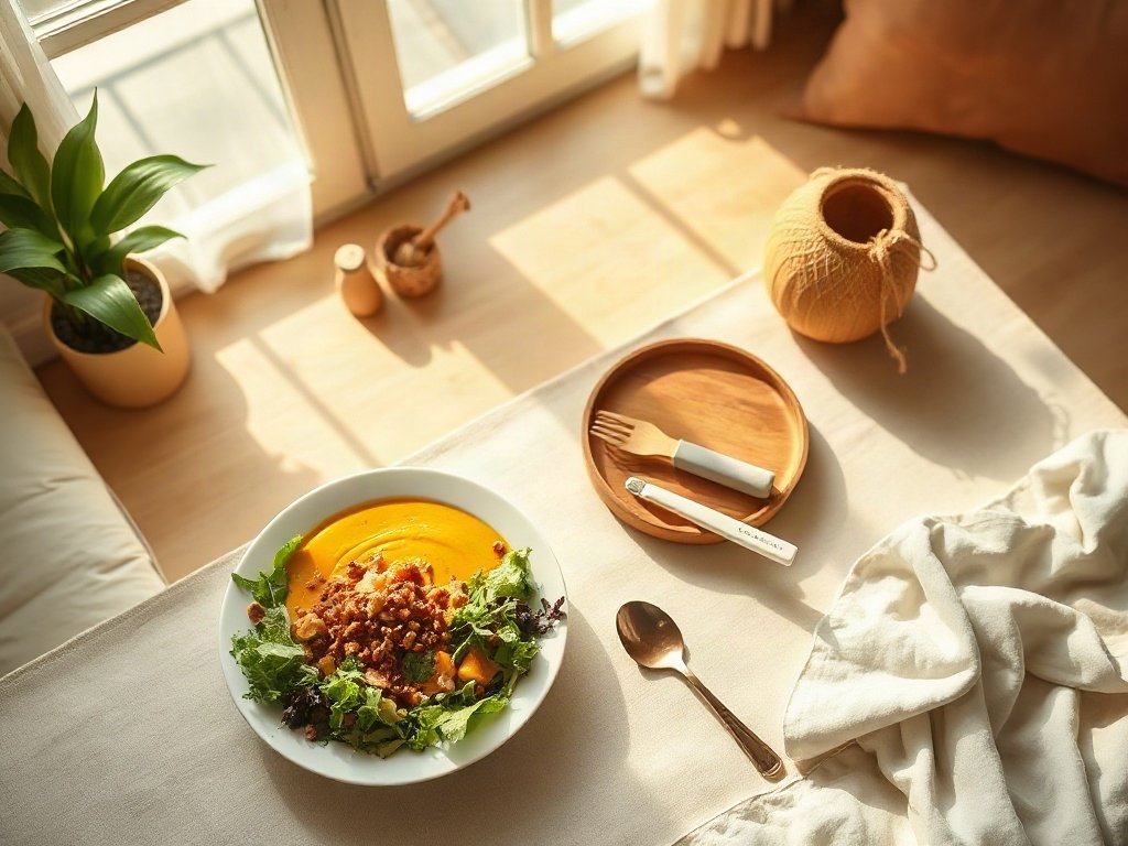 Bữa ăn với salad và súp bí đỏ