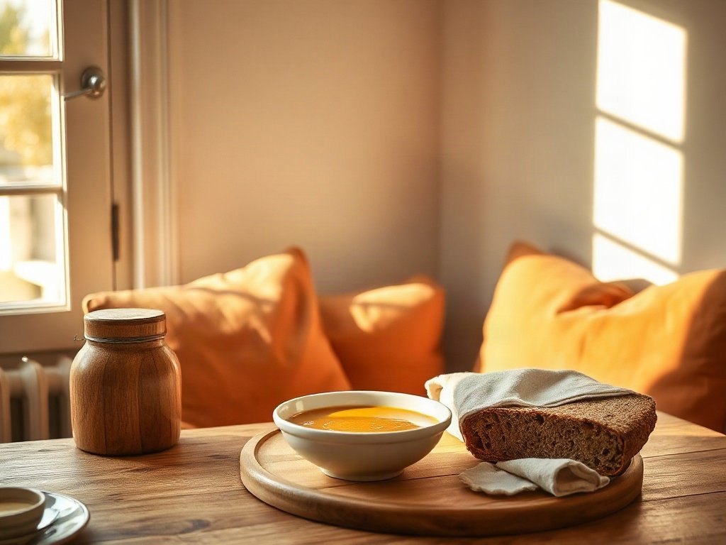 Bữa sáng với súp bí đỏ và bánh mì nguyên cám