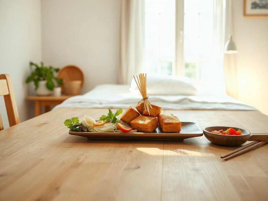 Bún đậu phụ truyền thống trên bàn gỗ