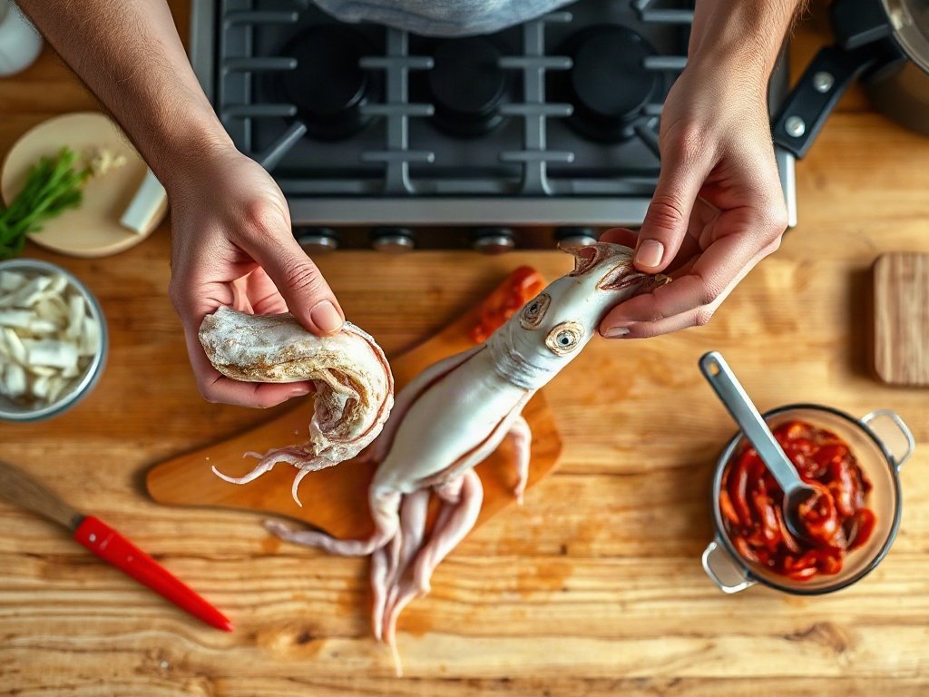 Bước 1: Làm sạch mực tươi - cách hấp mực