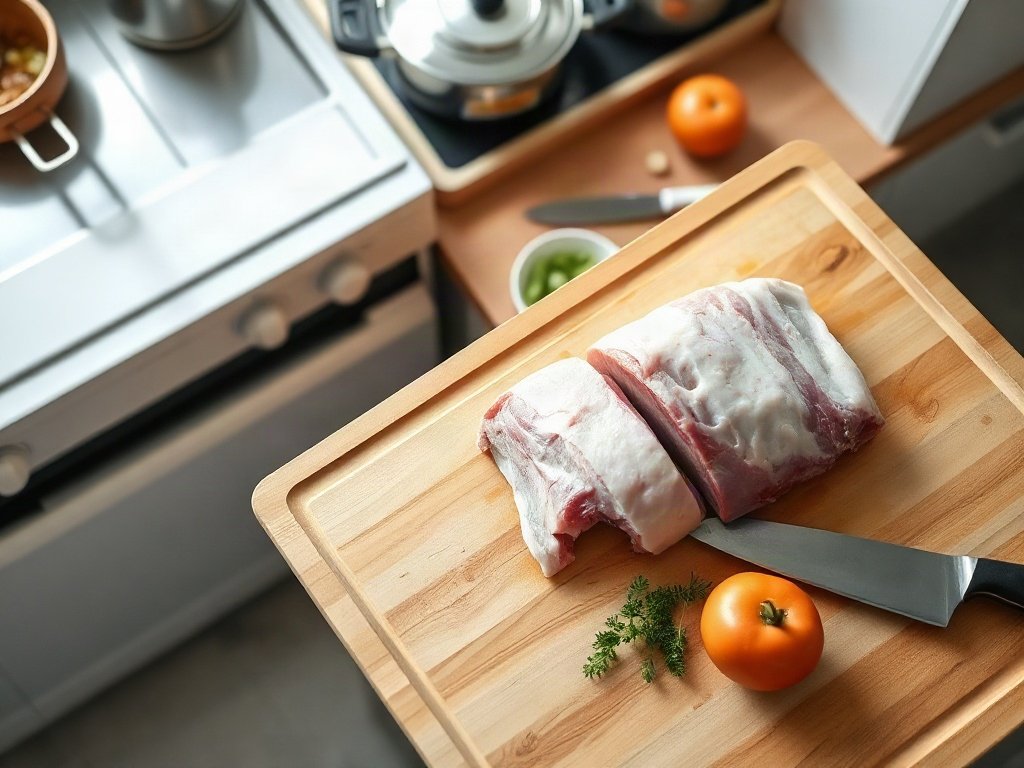 Bước 1: làm sạch thịt ba chỉ, cắt trên thớt gỗ