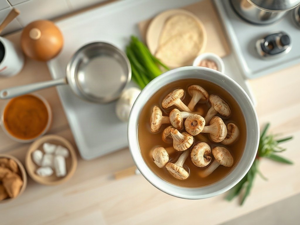 Bước 1: ngâm nấm hương trong nước ấm - trứng hấp thịt băm nấm hương