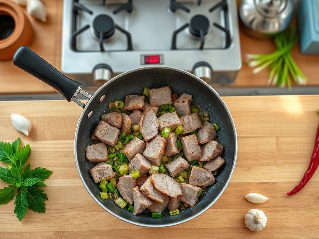 Bước 1: thịt heo được thái mỏng xào trong chảo nóng