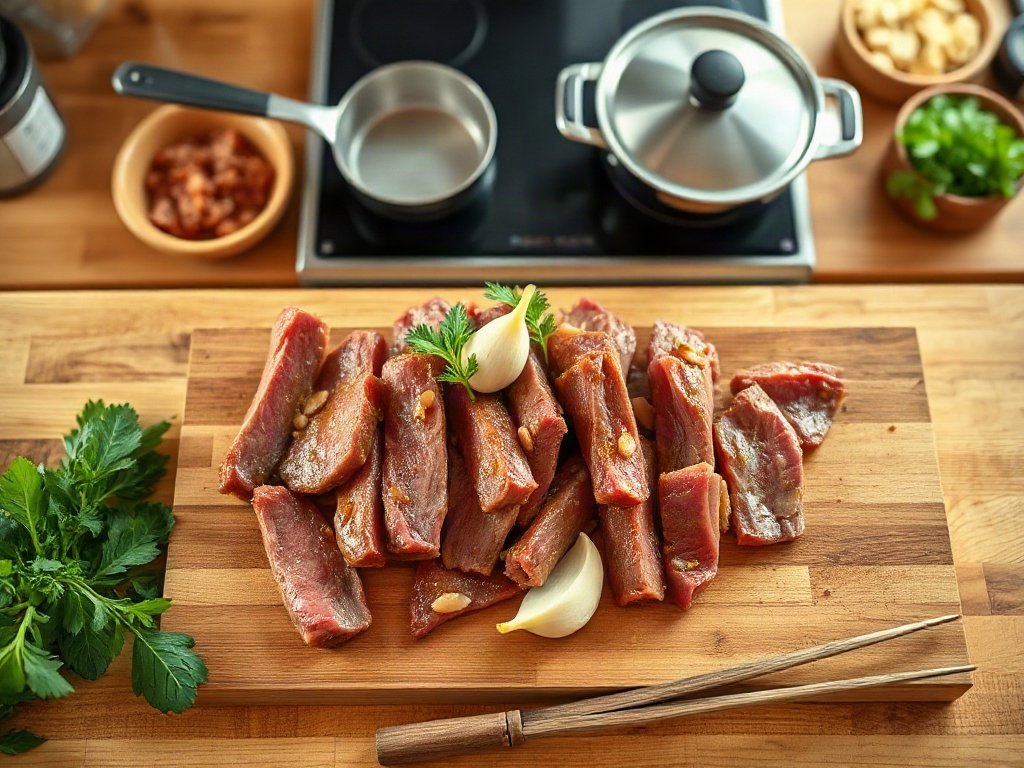 Bước 1: Ướp thịt bò với tỏi và dầu hào - bò xào thiên lý tỏi phi