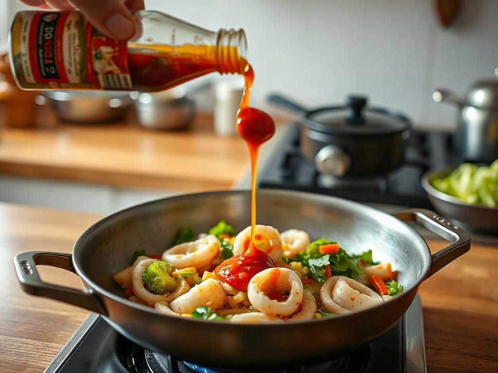 Bước 10: thêm nước mắm, tương ớt vào chảo - nguyên liệu mực