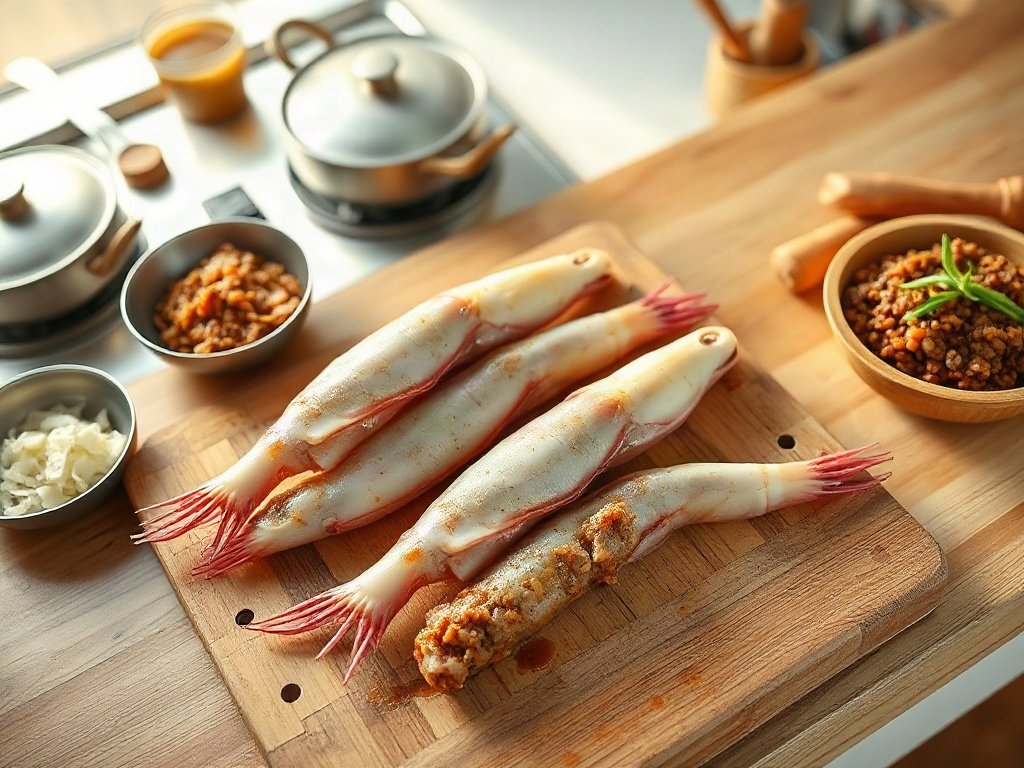 Bước 2: nhồi mực với thịt heo xay và hành - mực nhồi thịt