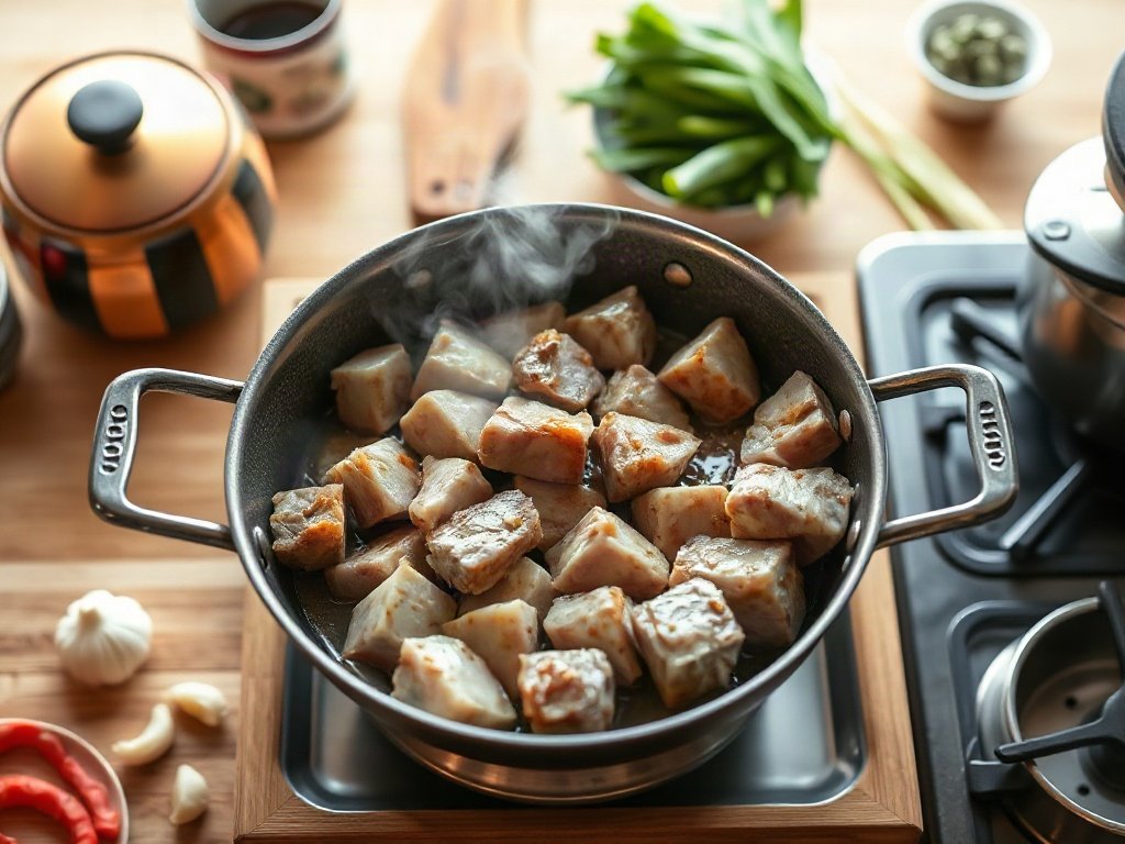 Bước 2: Xào vịt với tỏi trong chảo nóng