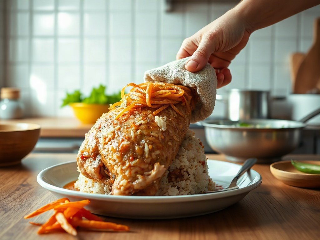 Bước 4: Gạo nếp bó lấy gà giữa khăn - cách làm gà bó xôi