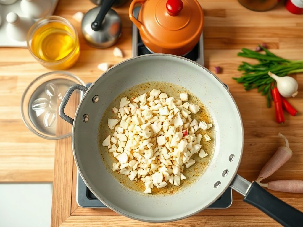 Bước 4: phi thơm hành tỏi trong chảo - tôm rim tiêu đen