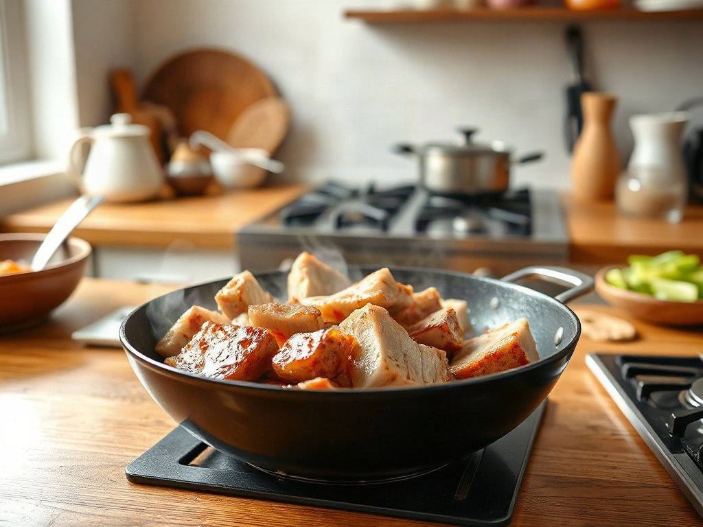 Bước 4: Xào thịt lợn săn trong chảo - món thịt lợn