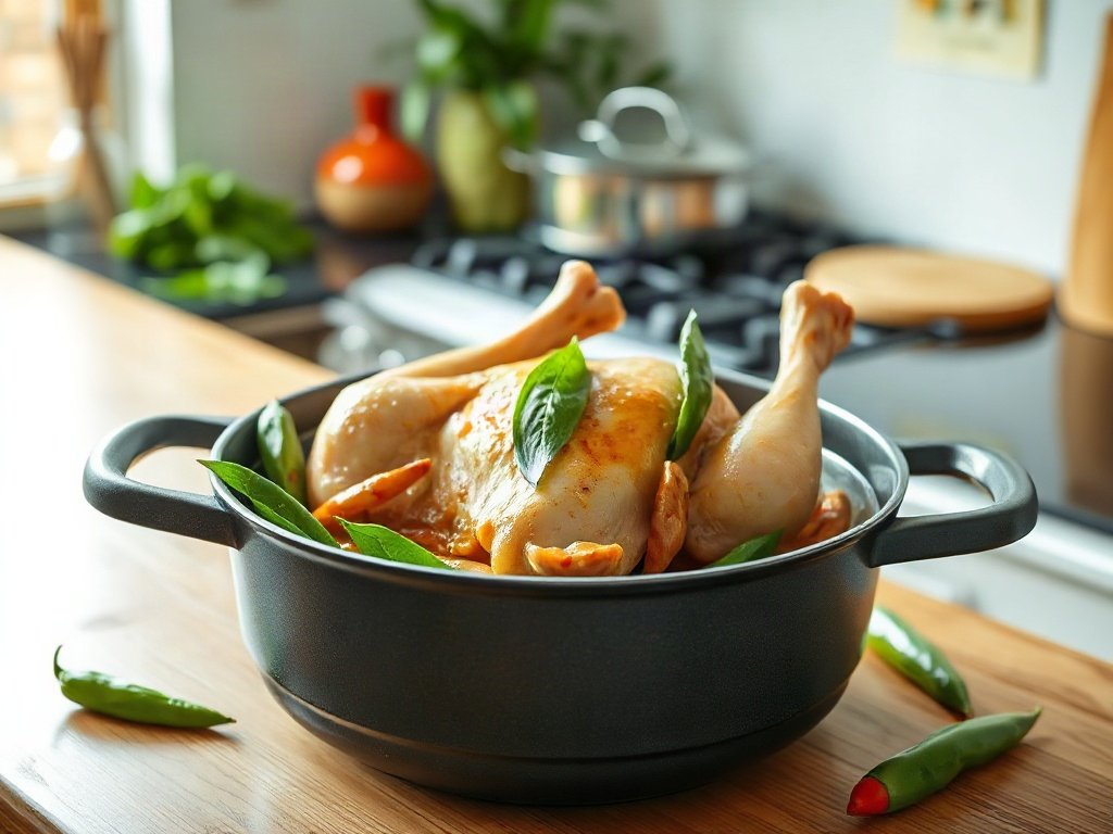 Bước 4: Xếp gà vào nồi hấp với lá chúc, sả, ớt