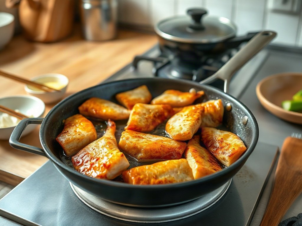 Bước 5: chiên sơ cá trê trong chảo dầu nóng - cá trê kho nước cốt dừa