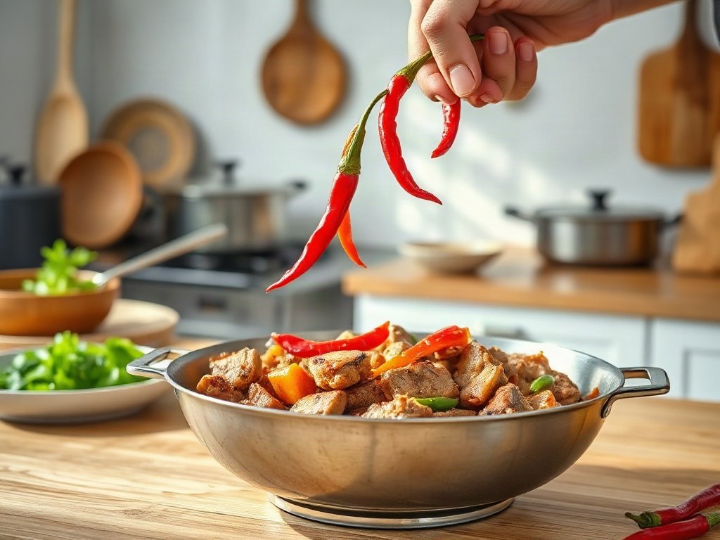 Bước 5: Cho lát ớt vào món xào đang sôi