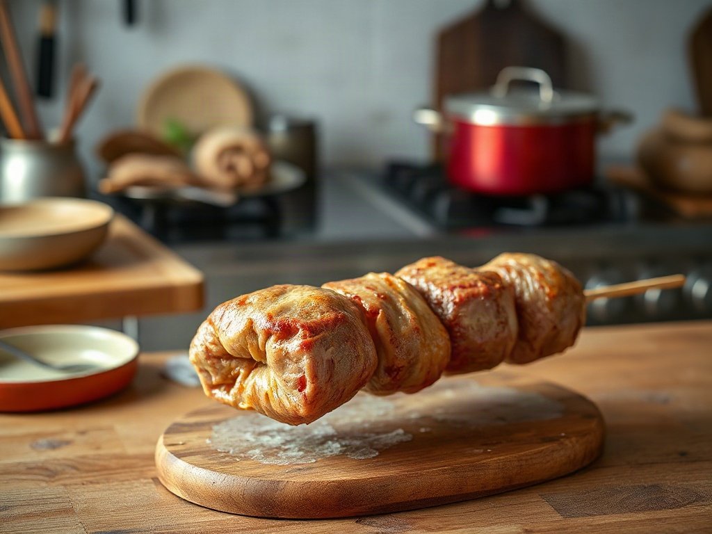 Bước 5: cuốn bò vào mỡ chài, xiên que cố định