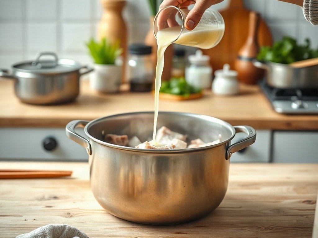 Bước 5: Đổ nước dừa và nấu thịt lợn - bữa cơm ngon