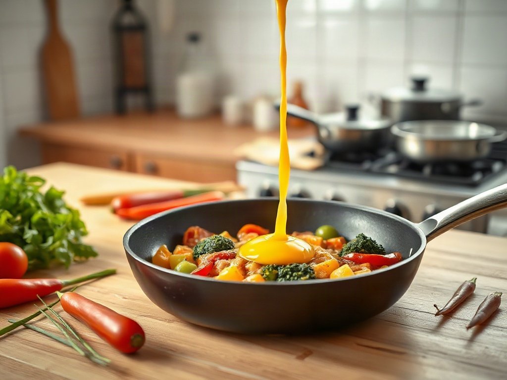 Bước 5: Đổ trứng vào chảo với rau củ - bí quyết giữ trứng mềm