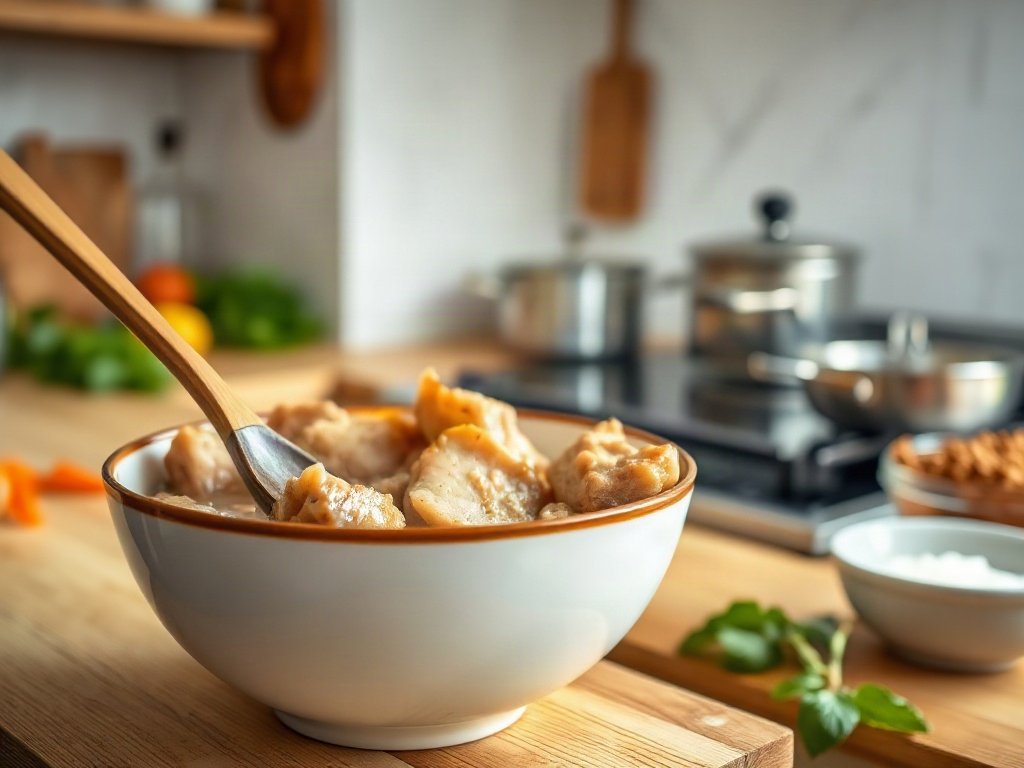 Bước 5: nấu thịt trong nước dừa tươi, đảo đều