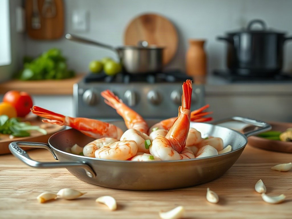 Bước 5: xào tôm với tỏi và hành, tôm chuyển màu hồng