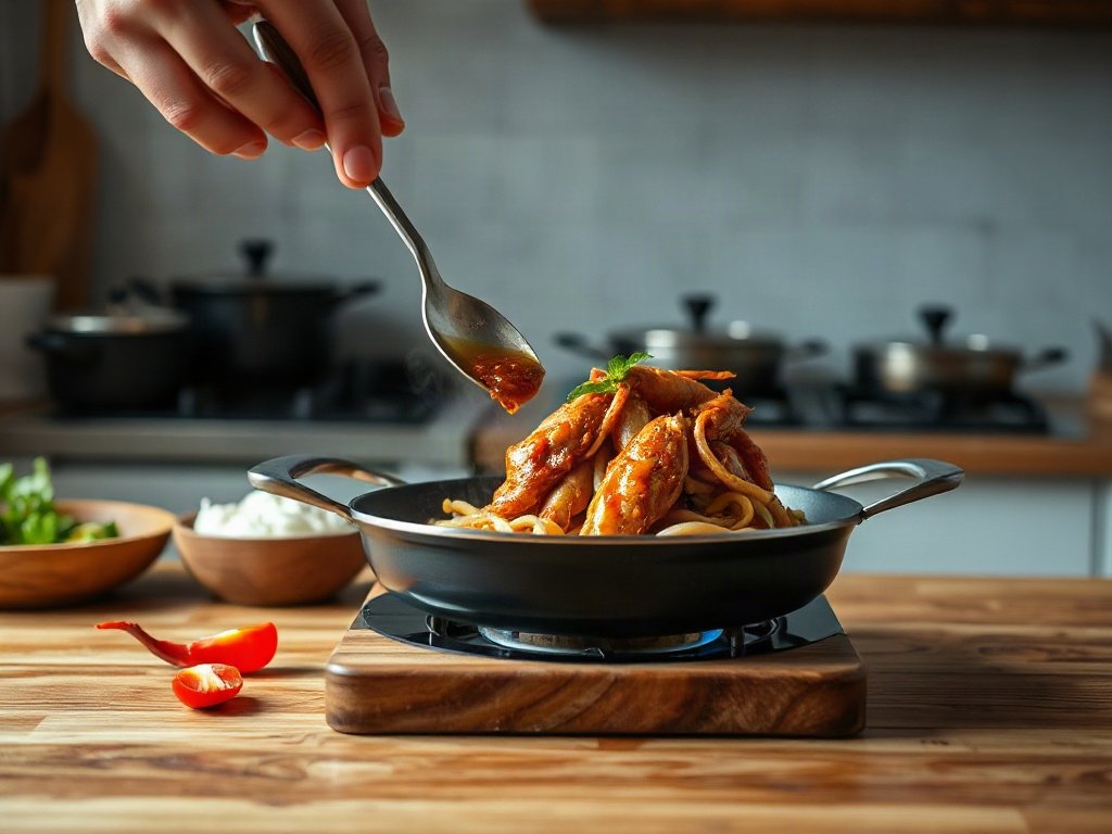 Bước 6: cho mực đã ướp vào chảo - mực nang xào chua ngọt