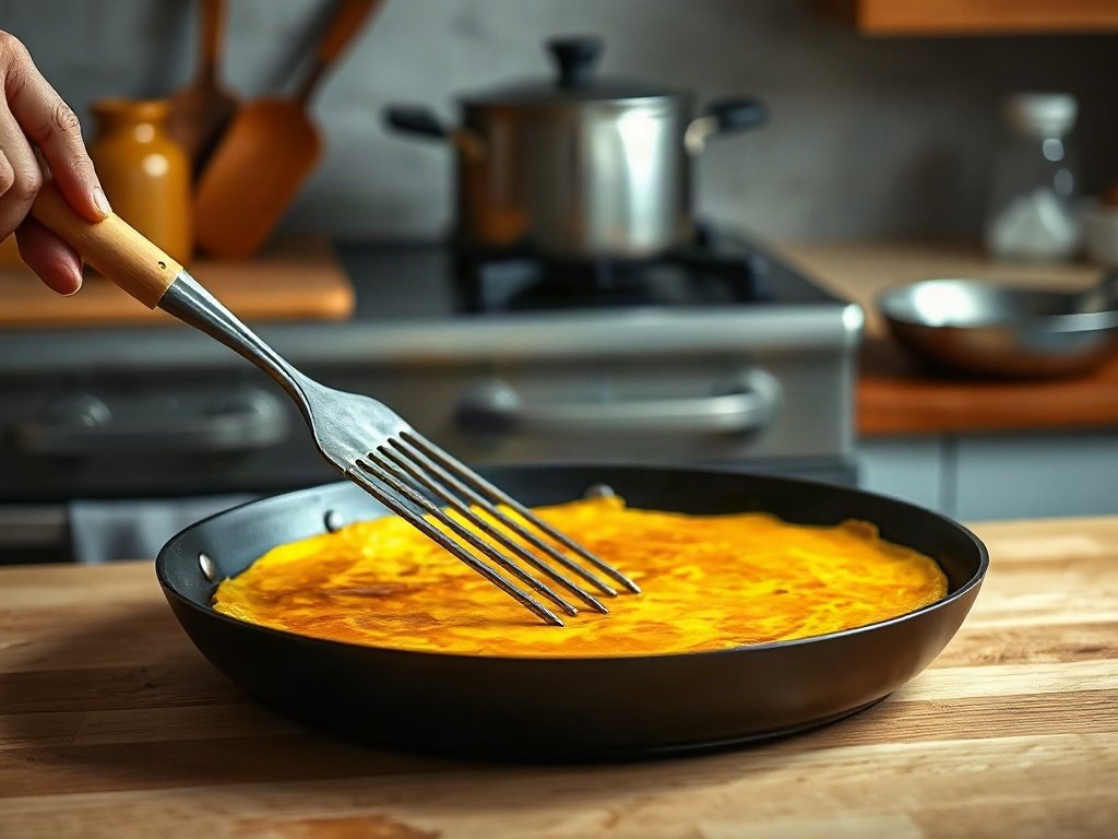Bước 6: lật mặt trứng trong chảo - cách làm trứng chiên